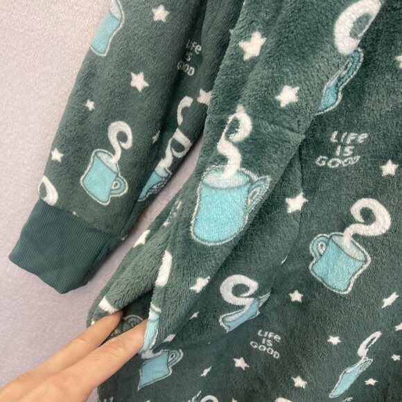 Life Is Good Fleece Hooded Nightgown Womens Medium M Green Mug Coffee Pockets - Picture 6 of 14